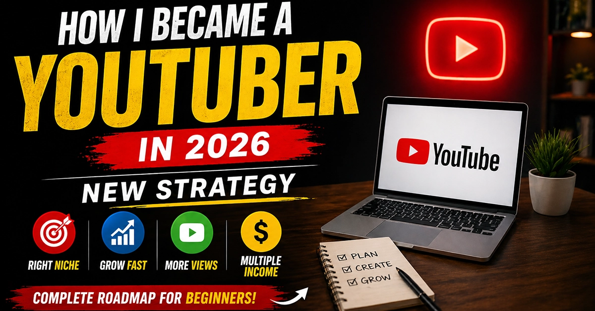 Professional YouTube workspace setup with laptop, camera, smartphone and content planning notebook for starting a YouTube channel in 2026