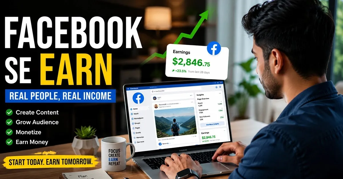 Young man using Facebook on laptop for online earning in modern workspace